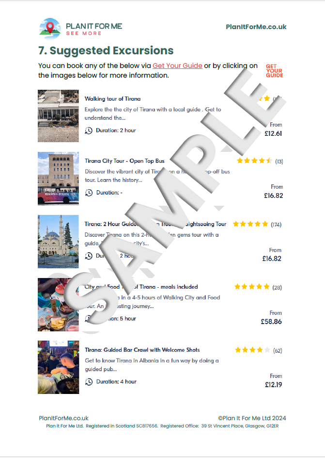 List of suggested excursions with ratings, prices, and brief descriptions.