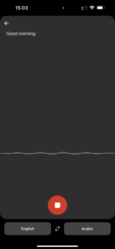 Background is dark with a horizontal line and a red recording button at the bottom centre.