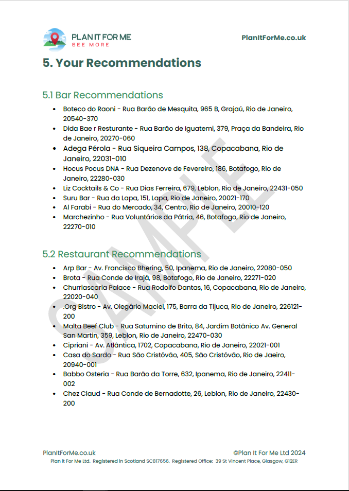 Document titled "Your Recommendations" with numbered points for Bars and restaurants and a clear layout.
