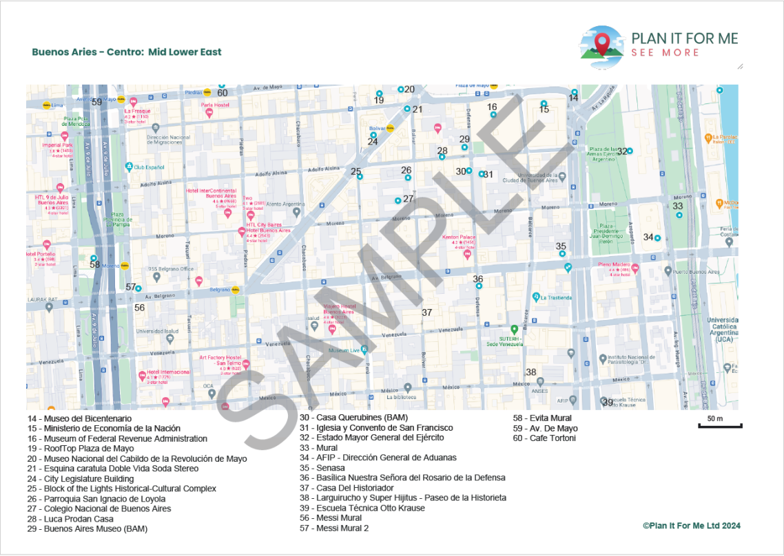 Street map of a city with labelled landmarks and street names. Includes a key for navigation.