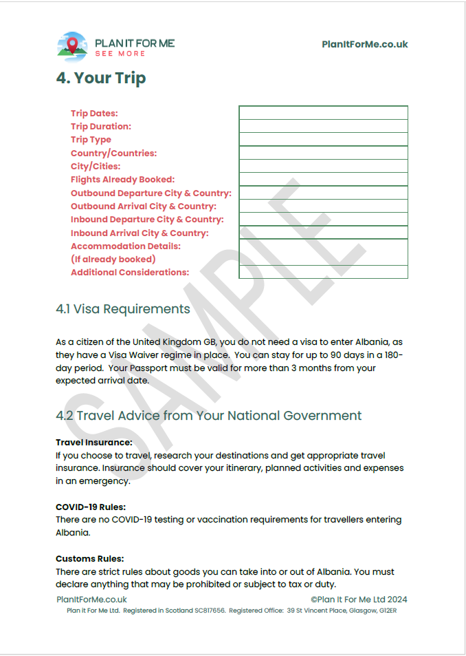 A travel form outlining trip details, Visa requirements and Travel Advice from your National Government.