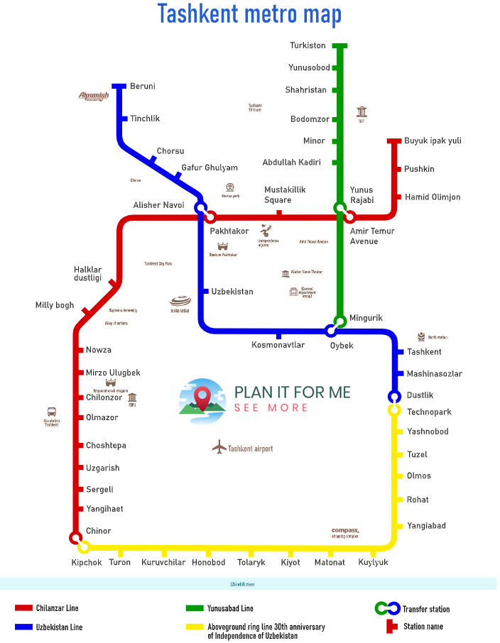 Map of the Taskkent metro system showing subway lines and stations.