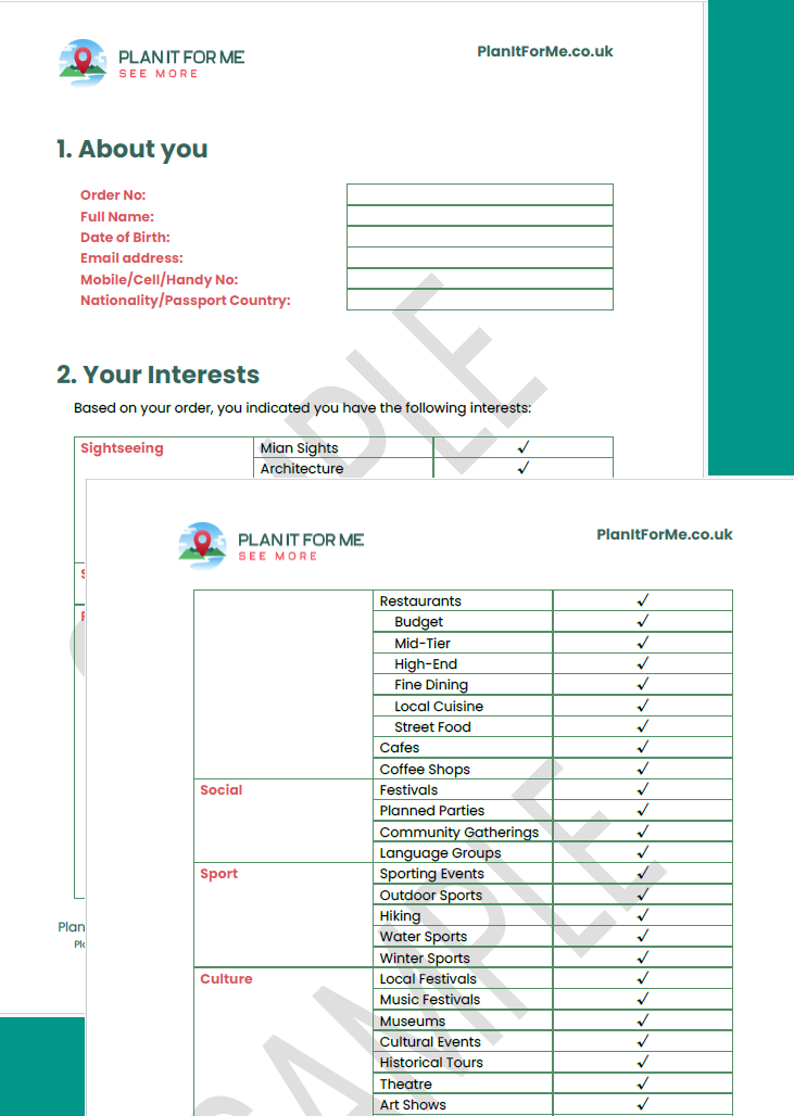 Form template with sections for personal information and interests, featuring a clean layout.