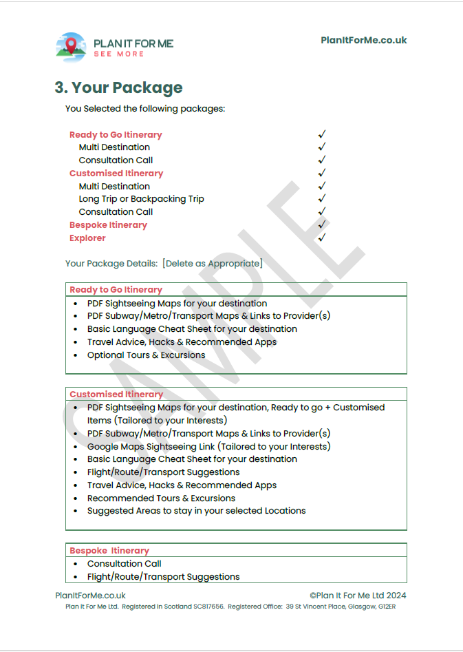 Package information document with details on options and services provided.