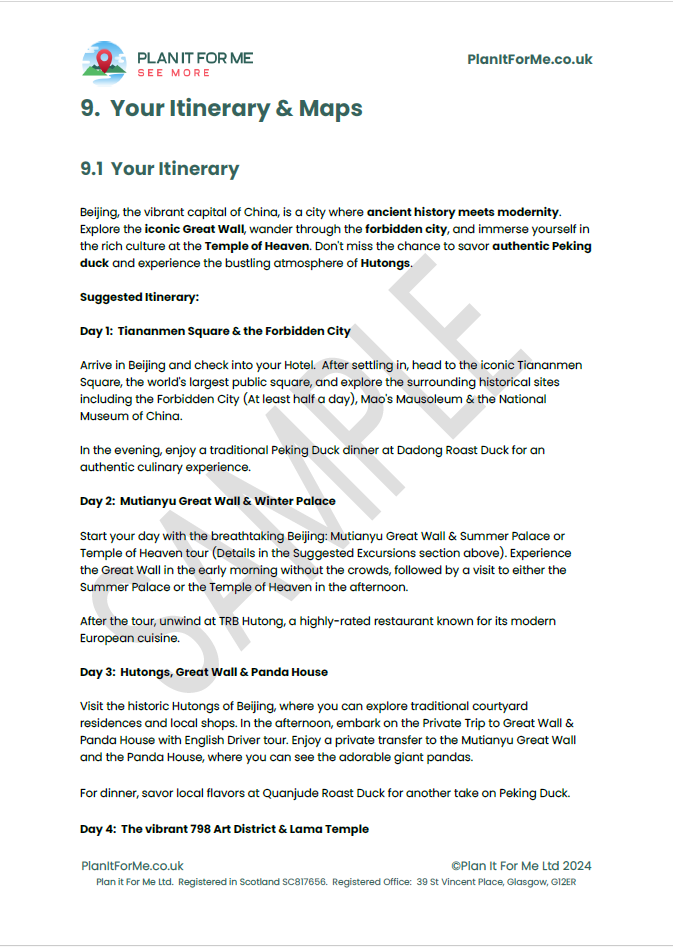 A document detailing a suggested itinerary over the course of several days.